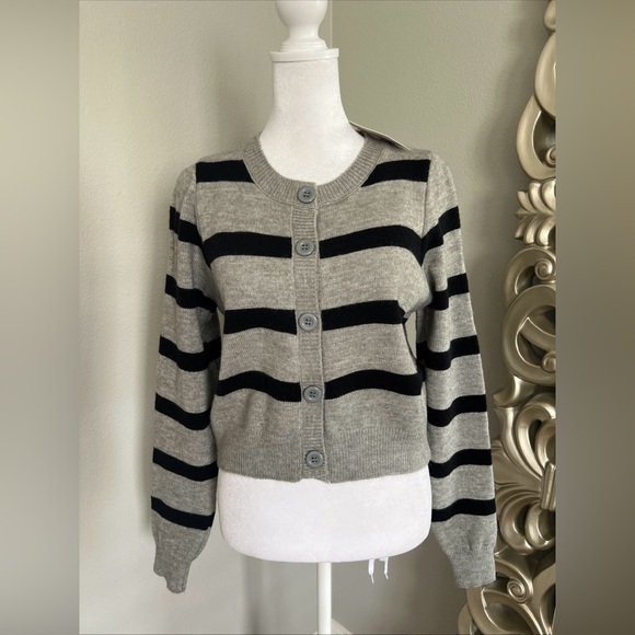 TFY Collection Sweaters - TFY Collection Grey/Black Striped Crewneck Button Front Cropped Cardigan XS